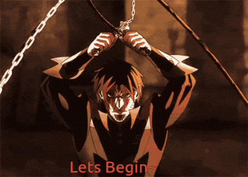 a video game character is holding a chain and the words let 's begin below him
