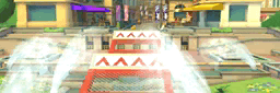 a cartoon scene with a fountain and a sign that says " aaa "