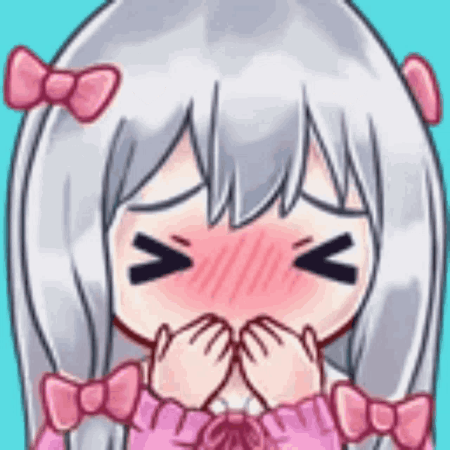 a cartoon of a girl with white hair and pink bows on her head covering her mouth with her hands .