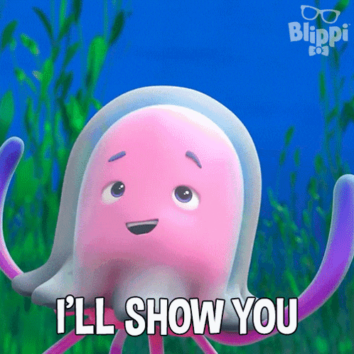a pink and purple octopus with the words i 'll show you below it