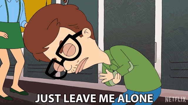 a cartoon character says just leave me alone in front of lockers