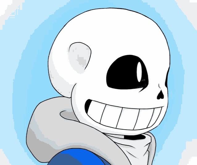 a drawing of a skeleton with black eyes and a blue hoodie