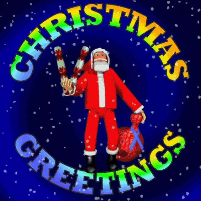 a christmas greeting card with santa holding a candy cane