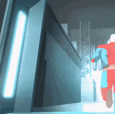 a man in a red and blue superhero costume is running in a hallway