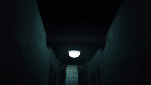 a dark hallway with the words down to the mist written on the wall