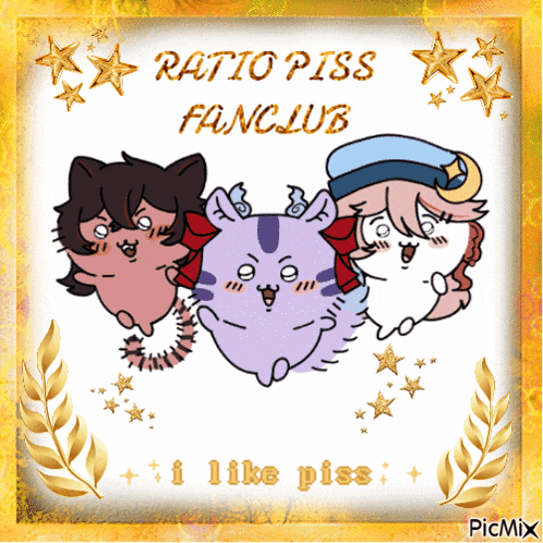 a picture of three cartoon characters with the words ratio piss fanclub