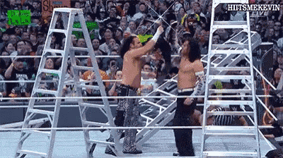a group of wrestlers are standing next to each other in a wrestling ring with a crowd watching .