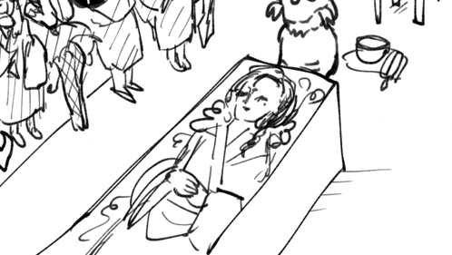 a black and white drawing of a group of people standing around a coffin