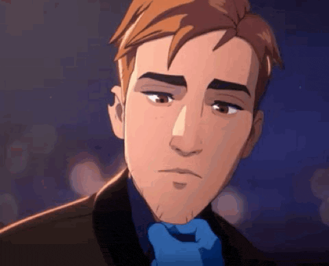 a cartoon man in a suit and tie is looking at the camera with his hand on his chin .