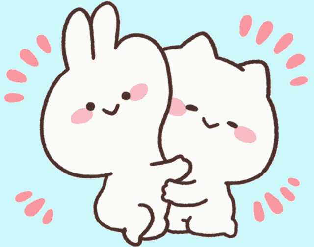 a cat and a rabbit are hugging each other on a blue background