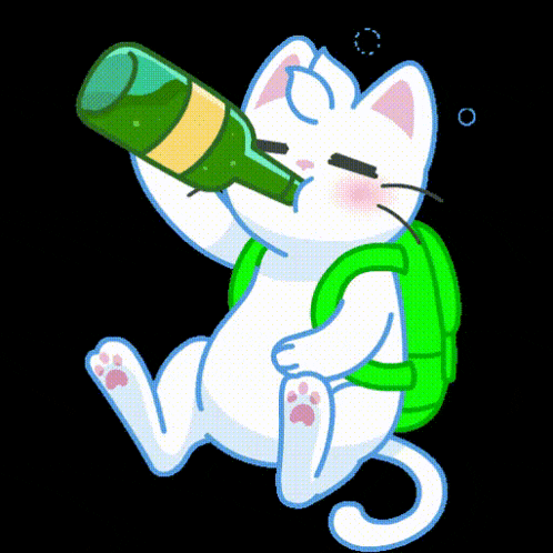 a white cat with a green backpack drinks from a bottle