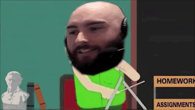 a bald man with a beard is wearing headphones and holding scissors .