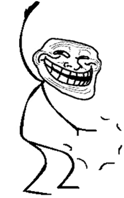 a black and white drawing of a troll face with a long neck and arms .