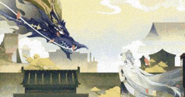 a painting of a dragon flying over a woman