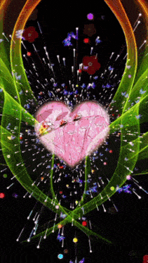 a pink heart surrounded by green lines and flowers on a black background