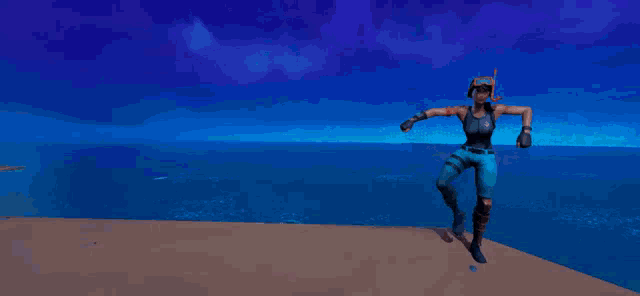 a video game character is standing on one leg in front of the ocean