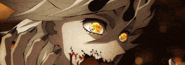 a close up of a person 's face with yellow eyes and blood on their face