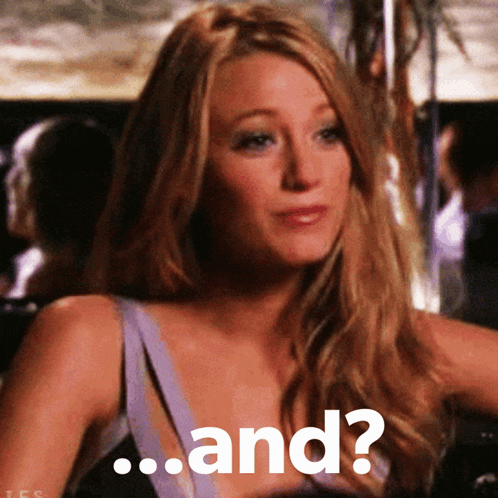 a woman in a purple tank top says " and " in white letters