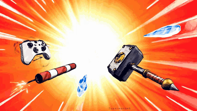a drawing of a video game controller a hammer and a rocket with superman written in the bottom right corner