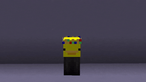a minecraft character with a yellow shirt and black pants has a crown on his head .