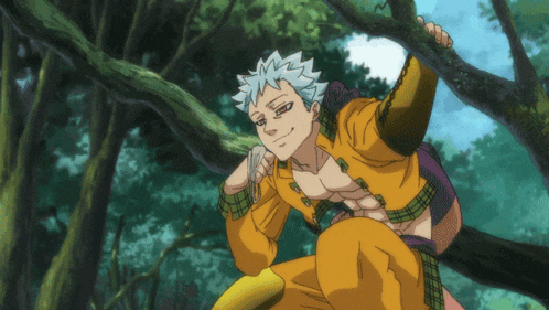 a cartoon character is sitting on a tree branch with his hand on his chin