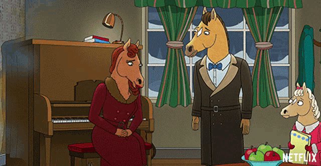 a cartoon of horses in a living room with a netflix logo on the bottom