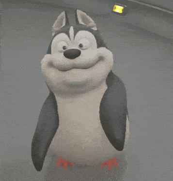 a cartoon penguin with a husky face is standing on a gray surface
