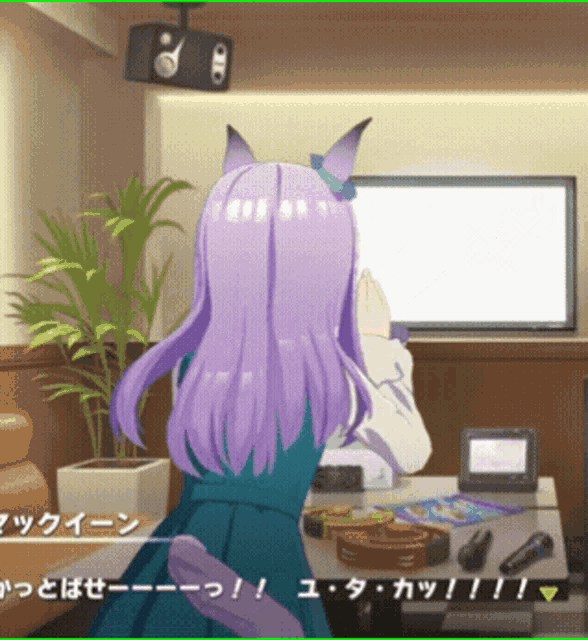a girl with purple hair is sitting in front of a white board