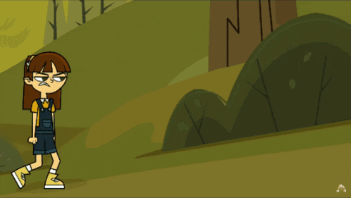 a cartoon girl with overalls and yellow shoes is standing in a field