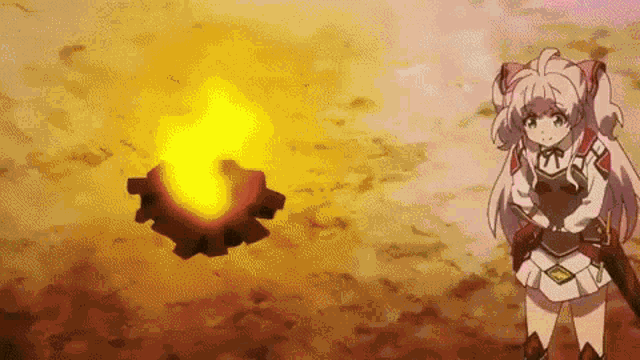 a girl is standing in front of a fire in a desert .