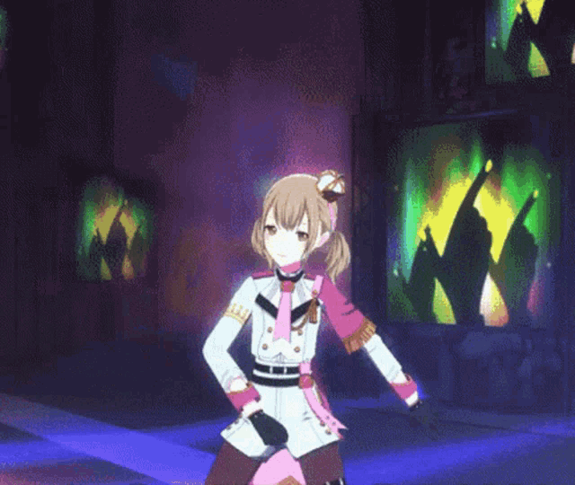 a girl in a military uniform is dancing on a stage in front of a screen .