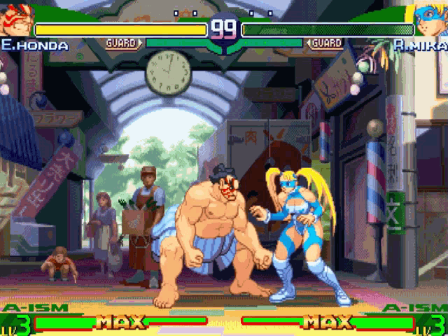 a video game with a sumo wrestler and a female wrestler fighting each other