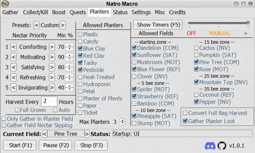 a screenshot of a program called natro macro showing allowed planters
