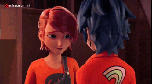 a boy and a girl are looking at each other in a miraculous animated scene