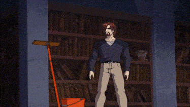 a man with a beard is standing in front of a bookshelf holding a mop and a bucket