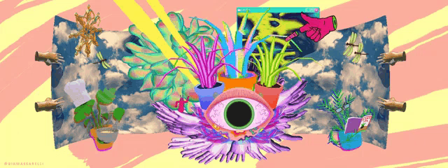 a colorful collage of plants and a large eye with the words " a few weeks ago " at the bottom