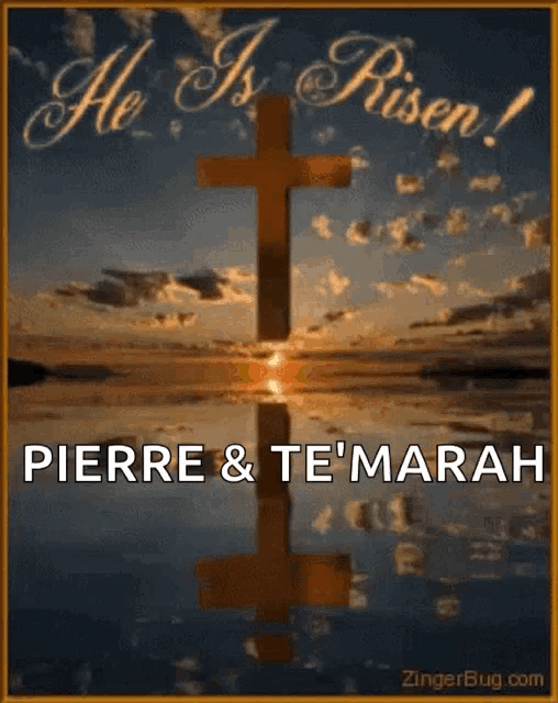 a picture of a cross with the words " he is risen "