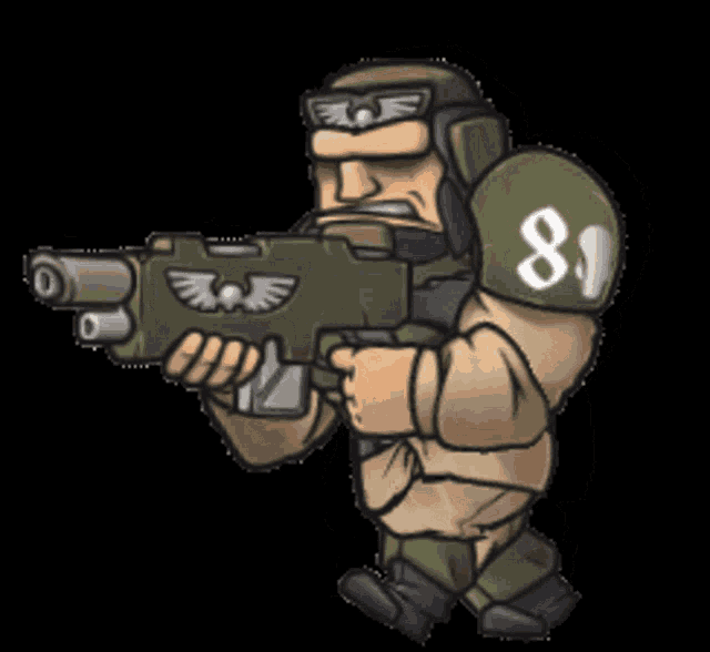 a cartoon drawing of a soldier with the number 8 on his arm