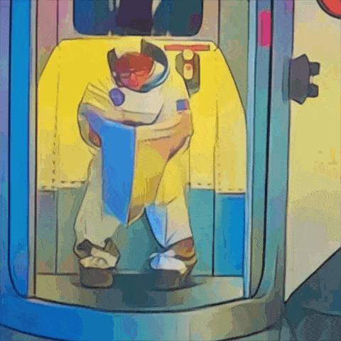a cartoon drawing of a man reading a book on a bus