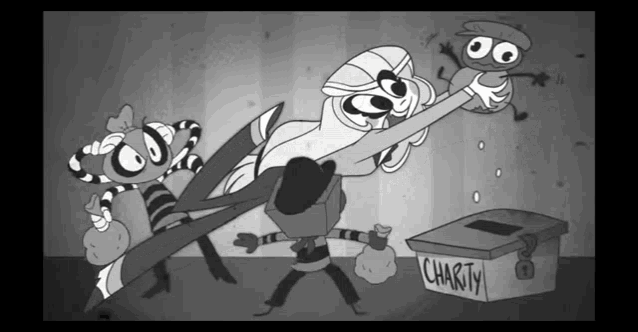 a black and white cartoon scene with a box that says charity