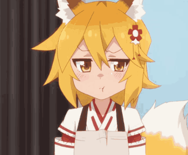 a fox anime character with a flower in her hair making a funny face