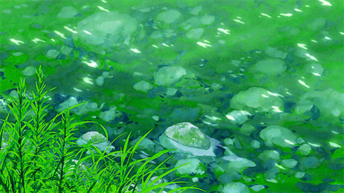 a painting of a river with rocks and plants