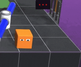 a cube with eyes is walking on a tiled floor next to a blue pipe .