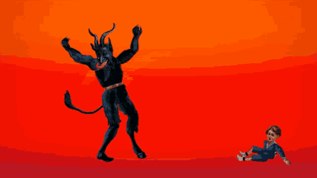 a painting of a devil with horns carrying a christmas tree