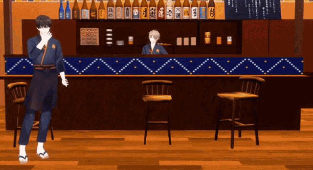 a man in an apron is standing in front of a bar with many bottles on it