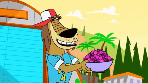 a cartoon dog is holding a bowl of grapes in his hand