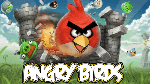an angry birds poster with a red bird and pigs