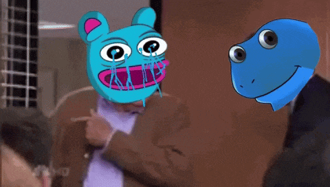 a man in a suit and tie stands next to a blue cartoon character