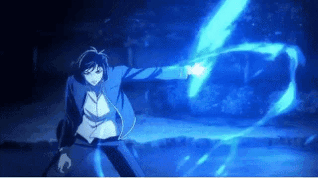 a man in a blue suit is holding a sword and a blue light is coming out of his hands .