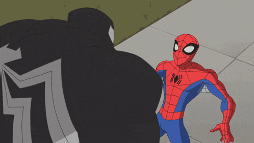 a cartoon of spider-man and venom standing next to each other on a sidewalk